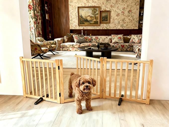 Dog Gate Indoor, 23" H Wooden Freestanding Puppy Gate, No-Painted Foldable Dog Barrier with Door Walk Through, Portable Fence for Stair, Doorway- 3 Panels