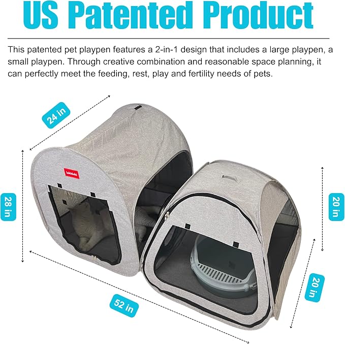 Portable Cat Playpen 2-Room, 2-in-1 Pop-up Cat Dog Crate Play Enclosure with Separate Areas, Foldable Pet Playpen for Puppy Kitten and Small Animals Indoor Outdoor Travel