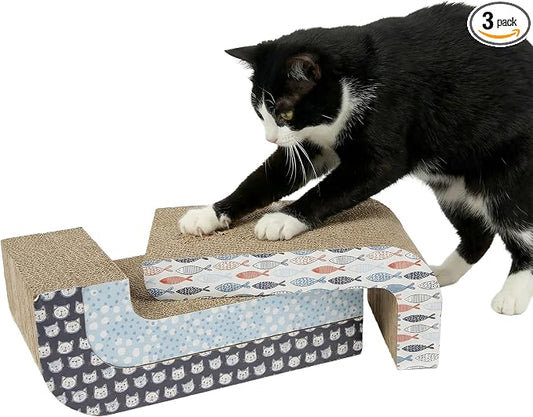 Kitty City 3‑Pack Corrgate Cat Scratcher Pads with Catnip - Horizontal Nail Filing Scratch Mat, Durable Couch Lounger Bed Alternative, Cat Scratch Toy - Cute Fish & Cats Design, Large 18.5” x 9.5”