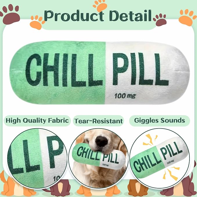 CUweipeng Dog Squeaky Chew Toy - Green Chill Pill Capsule Stuffing Teething Squeak Soft Plush Pet Puppy Toy Supplies Outward Hound Small Medium Large Breed Crinkle Dog Aggressive Chewer Keep Them Busy