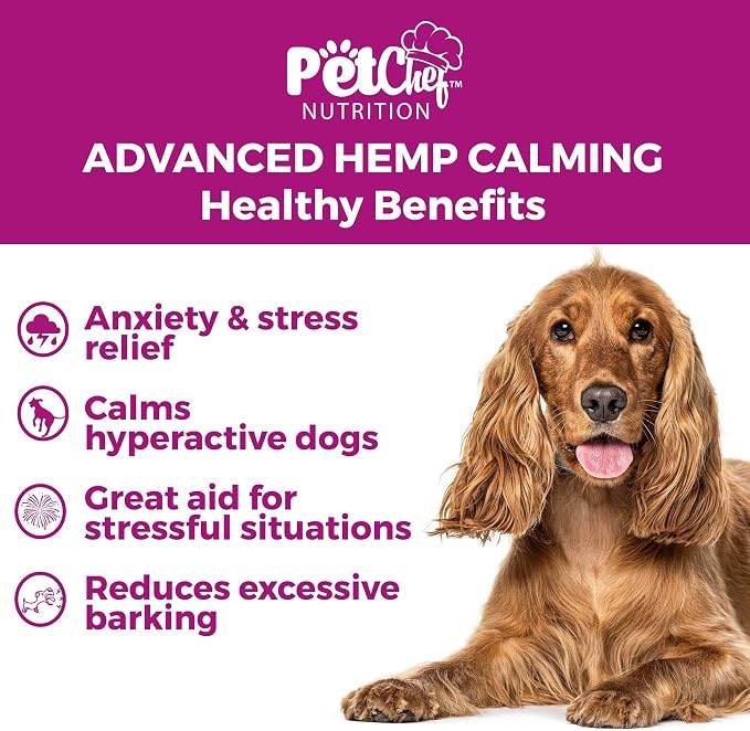 Pet Chef Calming Chews for Dogs -140 Soft Hemp Dog Treats for Anxiety & Barking Relief -Natural Relaxing Peanut Butter Flavored Dog Chews Breeds
