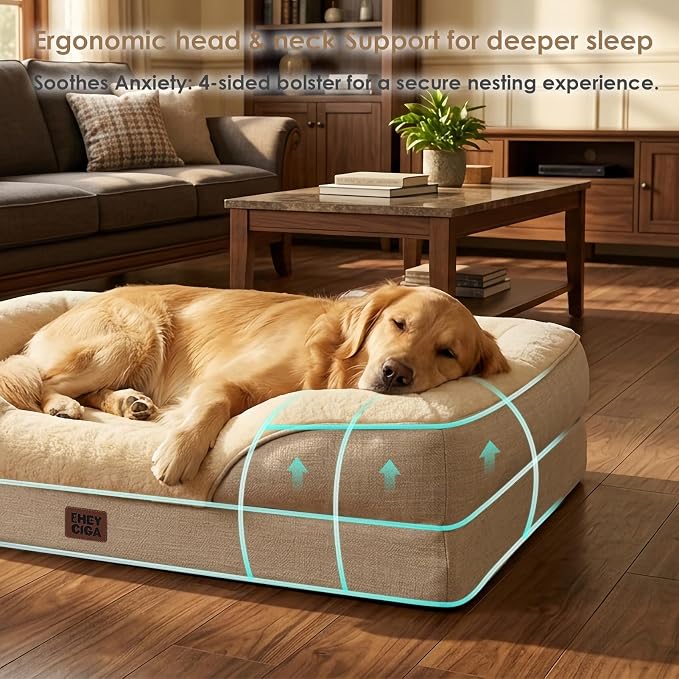 EHEYCIGA Orthopedic XXL Dog Bed for Large Sized Dog, 52x41 Inch Extra Large Memory Foam Dog Couch Bed with Sides, Waterproof Liner & Washable Removable Cover, Bolster Pet Sofa, Beige