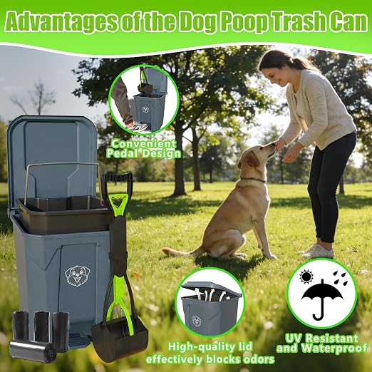 Outdoors Pet Waste Station 20L/5 Gallon Dog Poop Trash Can with Lid – Foot Pedal, Removable Inner Bin,Includes 200 Bonus Waste Bags & Long Handle Green Pooper Scooper
