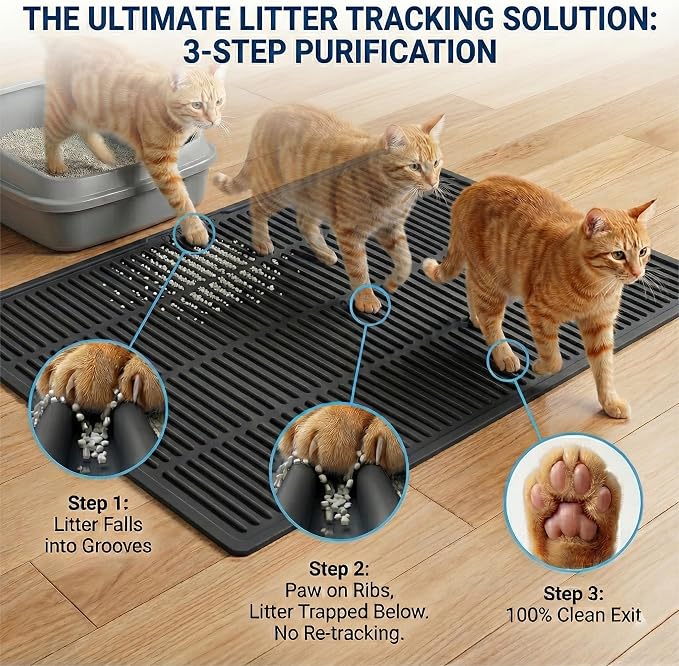 Extra Large Litter Mat: XL 39"x29" Silicone Waterproof Groove Design Litter Trapping Mat Easy to Clean for Multiple-Cats - Jumbo Non-Slip Cat Box Rug for Floor (Black)