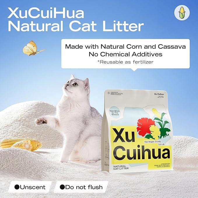 XuCuiHua Natural Cat Litter Unscented, 100% Plant-Based, Strong Clumping Litter, Easy Scooping, Clumps Lift Cleanly, Chemical-Free, Low Dust, Corn & Cassava Litter, 16.5 LB (5.5 LB x 3 Bags)