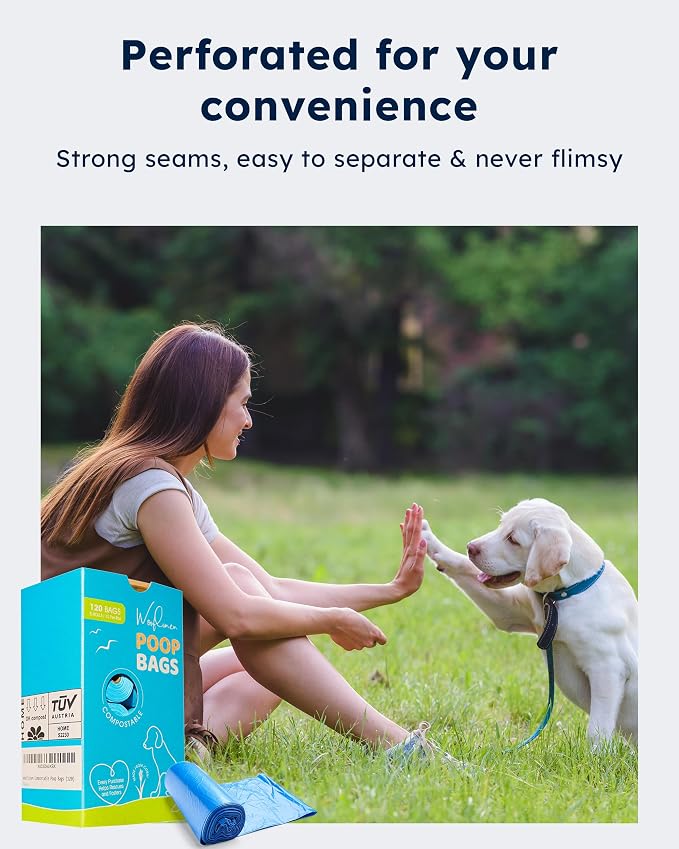Wooflinen Home Compostable Dog Poop Bags – Leak-Proof Dog Poop Bags Rolls – Large 9x13”, Durable, Easy Tear – Made from Plant & PBAT Material – For Big & Small Dogs – 120 Bags (8 Rolls)