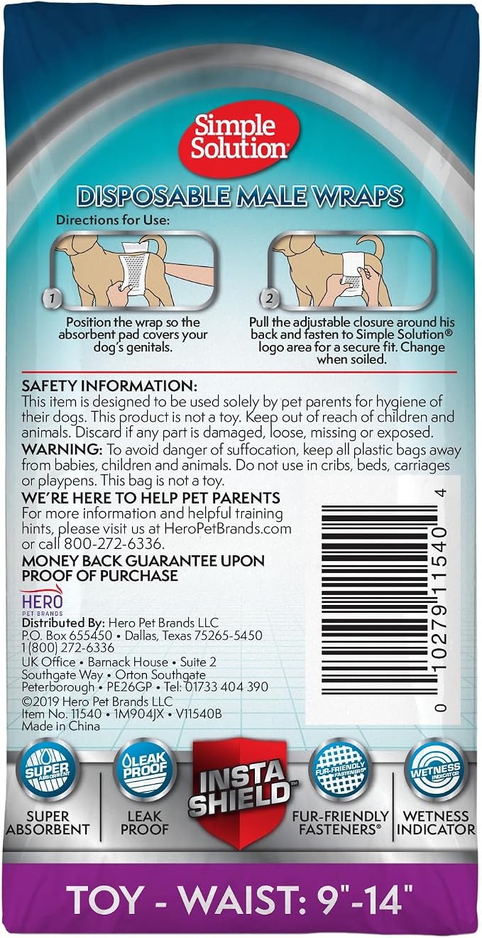 Simple Solution Disposable Dog Diapers for Male Dogs - Male Wraps with Super Absorbent Leak-Proof Fit - Toy - 12 Count