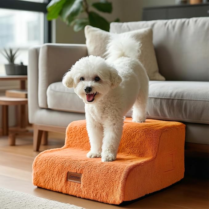 PETNOVO Ultra-Soft Faux Fur Dog Stairs for Couch and Sofa, 2-Step Dog Steps for Small Dogs, Non-Slip Foam Pet Stairs, Washable Cover, 15.7" D x 15.7" W x 11.8" H, Orange