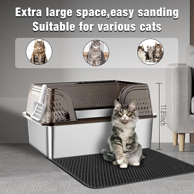 Suhaco XXL Stainless Steel Litter Box with High Sided Deep Side Entry Deep Extra Large Metal Litter Box Included Mat & Scoop Anti-Urine Leakage Cat Litter Boxes for Big Cats (Black)