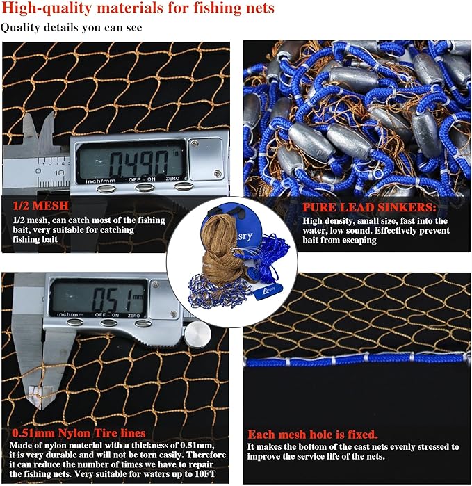Drasry Saltwater Fishing Cast Net for Bait 3/8 1/4 or 1/2 with Heavy Sinkers Fish Trap Throw Net. Size 3ft/4ft/5ft/6ft/7ft/8ft/9ft/10ft Radius Freshwater Nets