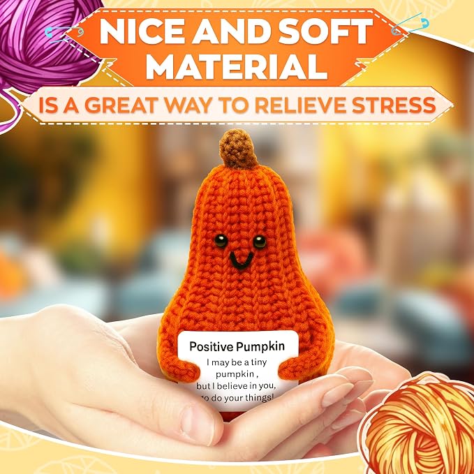 Reluen Positive Affirmation Pumpkin Crochet Dolls - Valentines Day Gifts Knitted Toys Home Office Decor Mini Dolls for Women - Positive Affirmation Gifts Desk Decorations Crochet Gifts, Orange