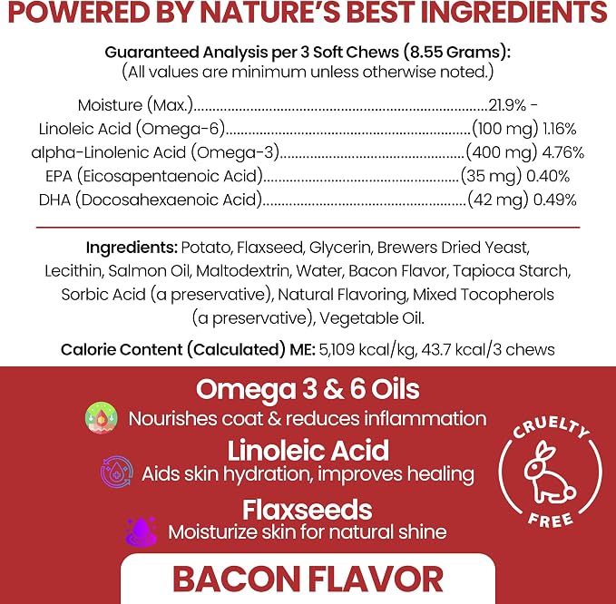 Omega for Dogs - 180 Delicious Soft Chews - Salmon Oil Treats for Skin and Coat, Itch Relief - Fish Oil Blend of Essential Fatty Acids, Omega 3, 6, and 9, and Vitamins - Smoked Bacon Flavor