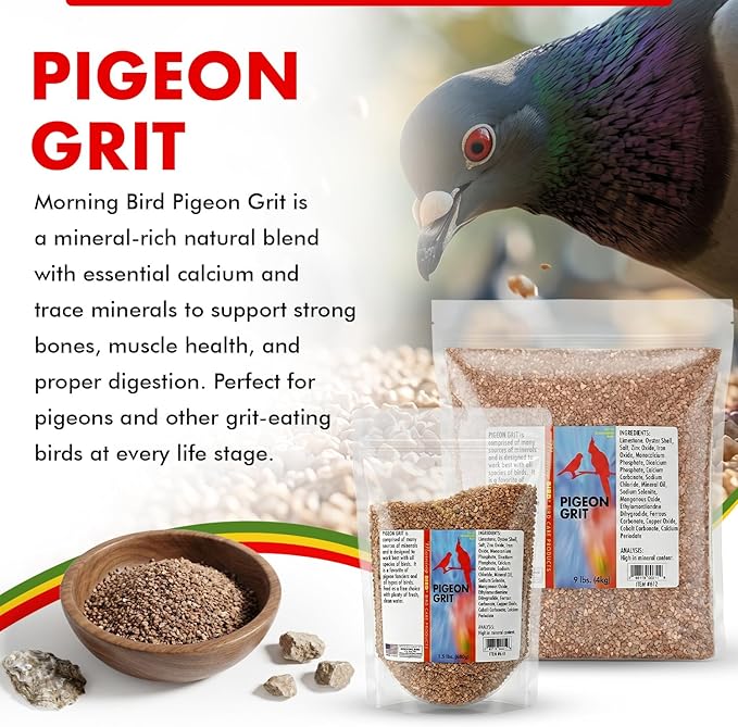 Morning Bird Pigeon Grit - Healthy & Nutritious Pigeon Food to Support Strong Muscles & Bones for Grit Eating Birds - Supports Digestion & Packed with Essential Minerals, 1.5 lbs