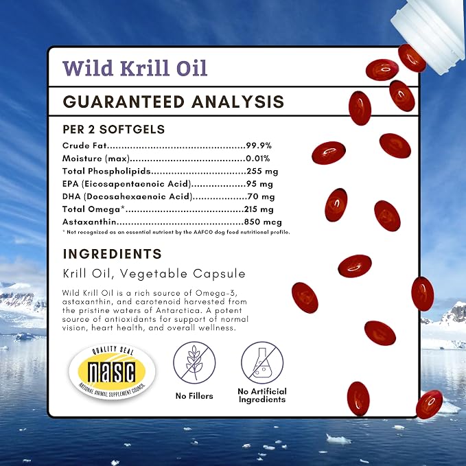 Wholistic Pet Organics Krill Oil for Dogs and Cats - Premium Antioxidant Support for Pets - Cat and Dog Skin and Coat Supplement with EPA, DHA, Astaxanthin - Omega 3 for Dogs and Cats - 200 Soft Gels