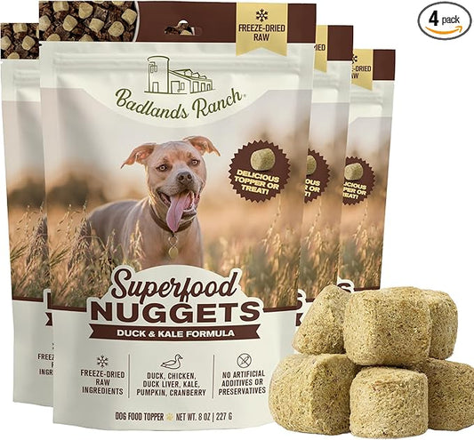 BADLANDS RANCH Superfood Nuggets – Freeze-Dried Raw Dog Treat & Food Topper, Nutrient-Dense Duck & Kale Formula, High Protein, No Artificial Additives, 8oz Bags (4-Pack Bundle)