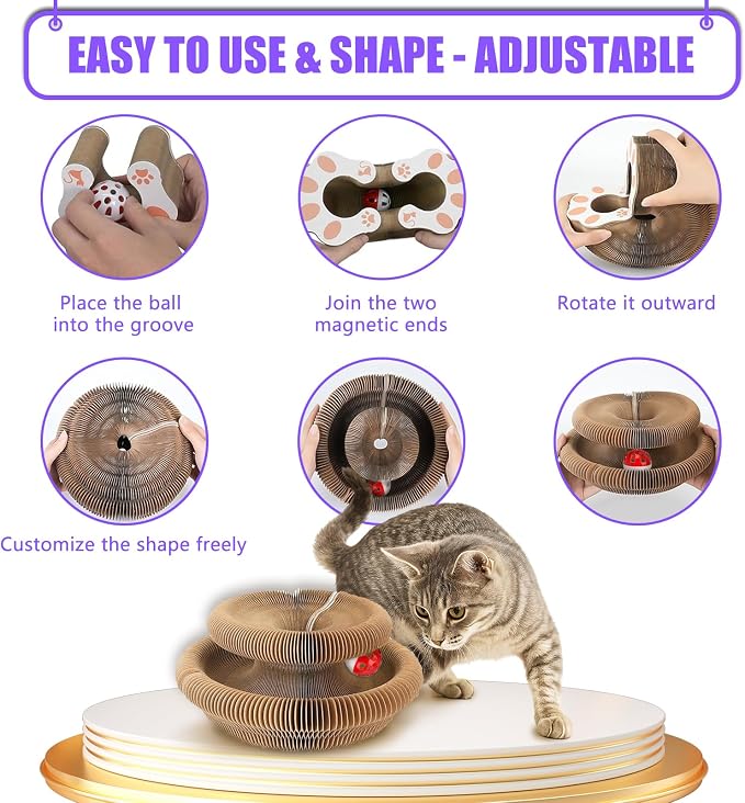 2-Pack Kitty kurls cat Scratcher – Foldable Magic Organ Cat Play Toy with Reversible Corrugated Pads & Bell Ball Interactive Board for Indoor Cats