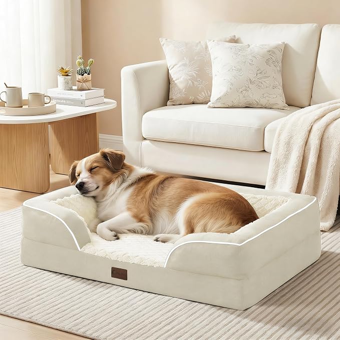 Orthopedic Dog Beds for Extra Large Sized Dogs 48x30 Inch, XL Waterproof Egg Crate Foam Dog Sofa Bed with Removable Washable Cover Big Pet Couch with Bolster & Non-Slip Bottom, Beige