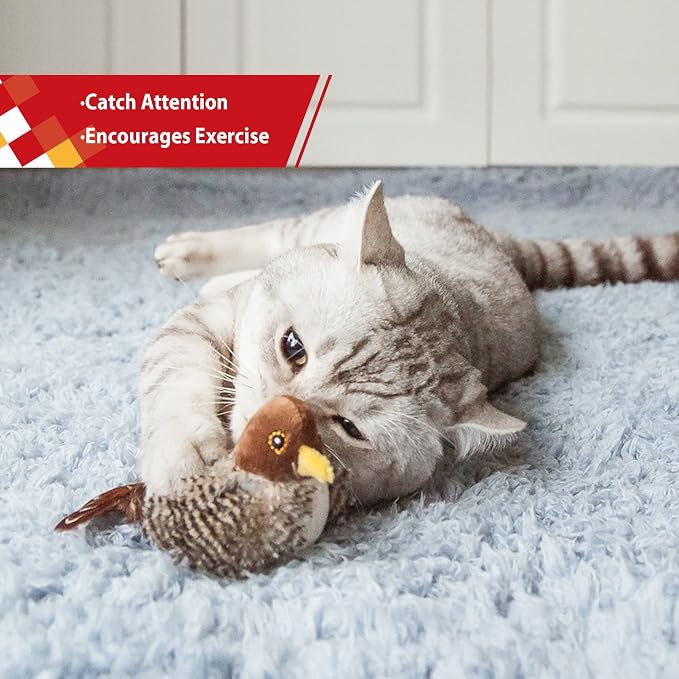 GiGwi Interactive Cat Toys Squeaky, Stimulated Chirping Bird Toy Making Noise,Automatic Chirp Bird Cat Toy with Feather Tail, Melody Chaser Play and Squeak Kitten Toy for Boredom