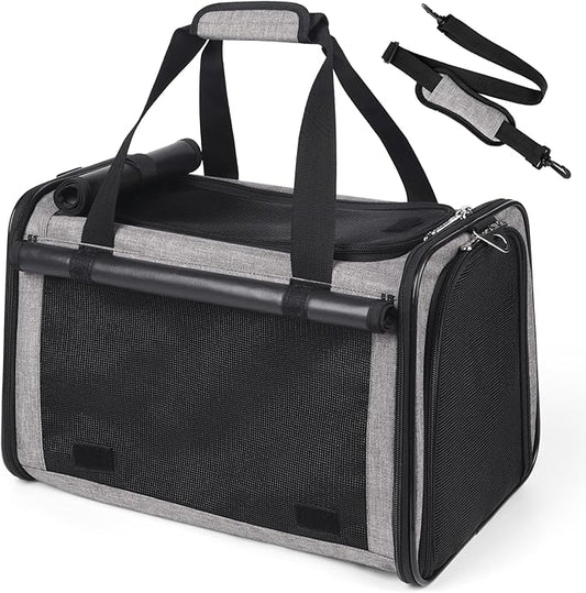 YUDODO 25 lbs Lightproof Soft Sided Large Cat Carrier for Small Dog Pet Airline Approved Travel Bag Puppy Carriers with Side Pockets & Reflective Mesh, Foldable Portable for Outdoor Car Grey