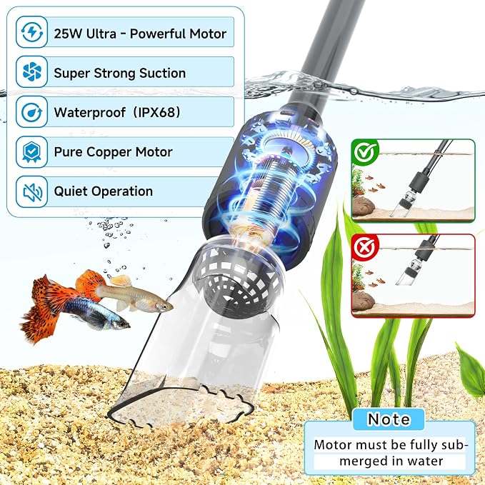 fishkeeper Aquarium Vacuum Gravel Cleaner, 25W 6 in 1 Multifunction Fish Tank Cleaner Kit for Automatic Water Change, Wash Sand, Water Circulation Infinitely Adjustable Flow Fish Tank Cleaner Vacuum