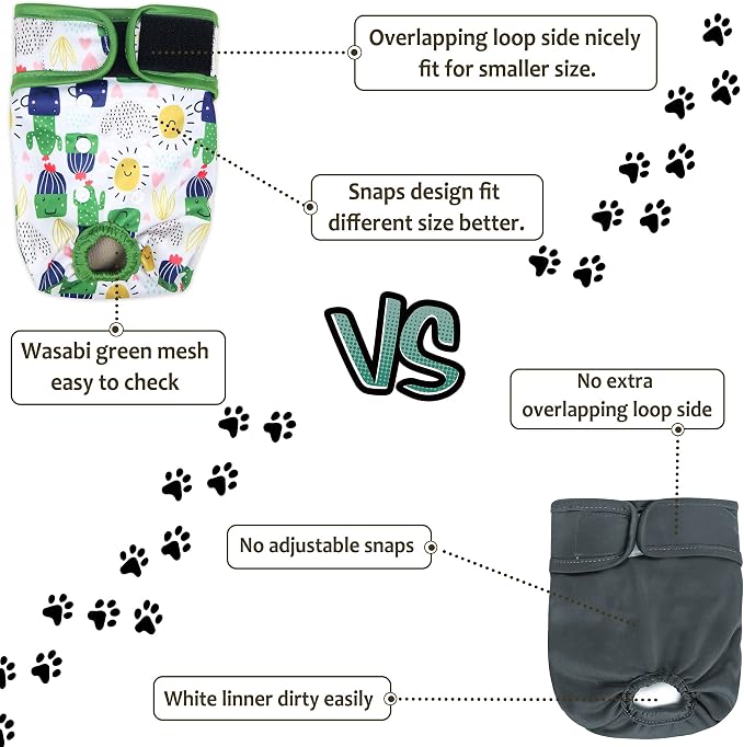 Washable Female Dog Diapers - Premium Reusable Diapers for Doggie in Heat - Highly Absorbent Dog Diapers Female for Pet Incontinence with Adjustable Snaps (Cactus, L)