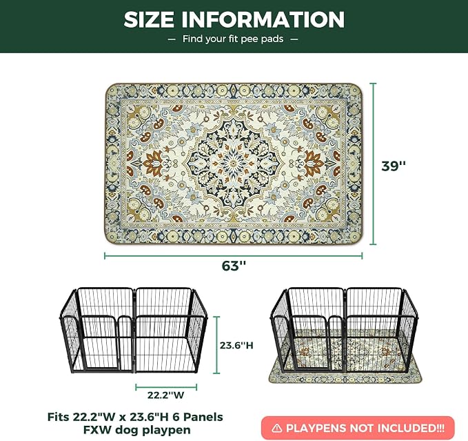 FXW Washable Pee Pads for Dogs, Puppy Pads with Super Absorbent, Specifically Designed for FXW Rollick/Homeplus 24inch 6 Panels Dog Playpen, 39" x 63" Rectangle, Boho Beige, 1 Pack