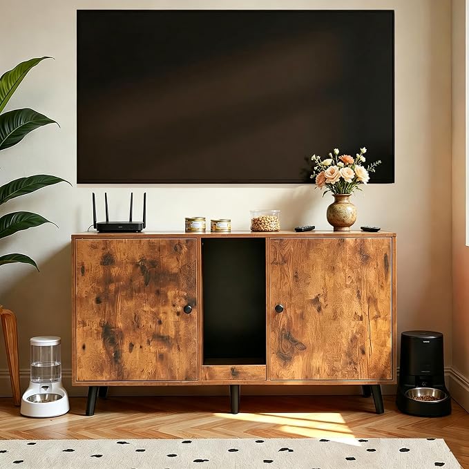 Litter Box Furniture for 2 Cats - Farmhouse Cat Litter Box Enclosure Cabinet Hidden Double Room, 42.3" TV Stand Large Space for Standard Pan Litter Boxes, Vintage Brown