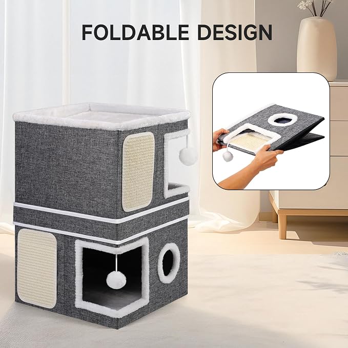 Shikha 2-Storey Cat Houses for Indoor Cats, Dual-Purpose Double Large Cat Beds Cave with Hideaway Condos, Scratch Pads, Fluffy Balls, Foldable Indoor Cat Cube House for Multi Small Pets Kitten, Grey