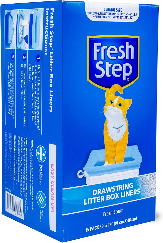 Fresh Step Jumbo Drawstring Cat Litter Box Liners Scented Heavy Duty Kitty Litter Bags X-Large Oval or Rectangle Pans Easy Lift Out Cleanup 36 x 19 IN 15 Count 12 Pack Scented Bulk Multi-Pack