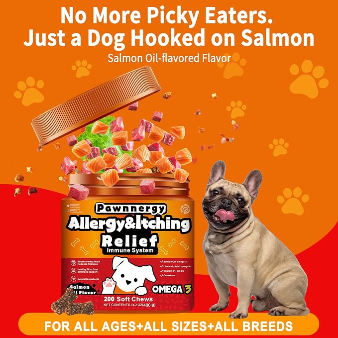 Dog Allergy & Itch Relief Chews - Salmon Oil Omega-3, Omega-6, Vitamin B1/B2/B6, Colostrum Probiotics Supplement for Seasonal Allergy, Hot Spots, Paw Licking, Scratching, 200 Soft Chews