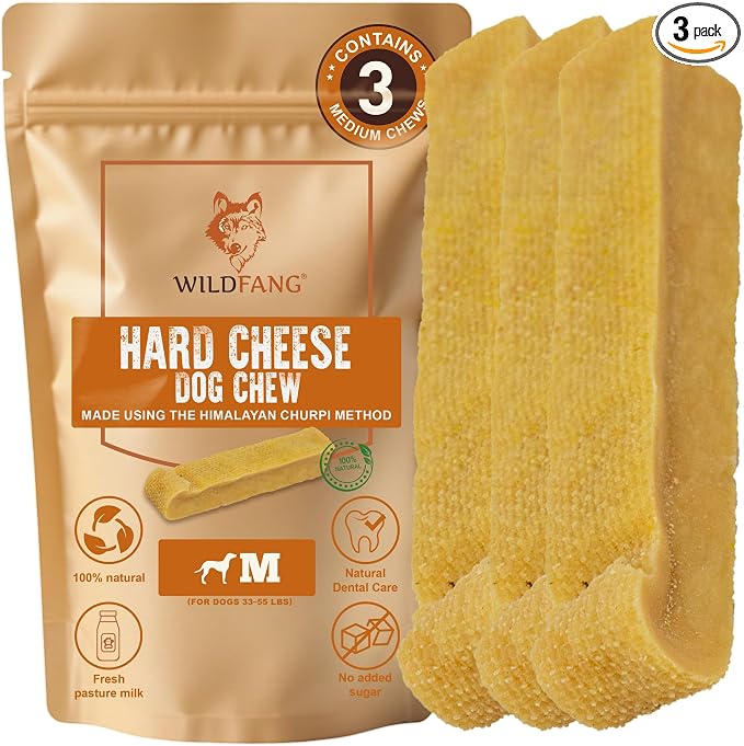 Wildfang® Yak Chews, Medium for Dogs 33-55 lbs – Dog Dental Chew Stick, Hardness Like Himalayan Yak Cheese, Churpi-Style Cheese Sticks, Dog Treats & Puppy Training Treats, Approx 3 oz, Pack of 3