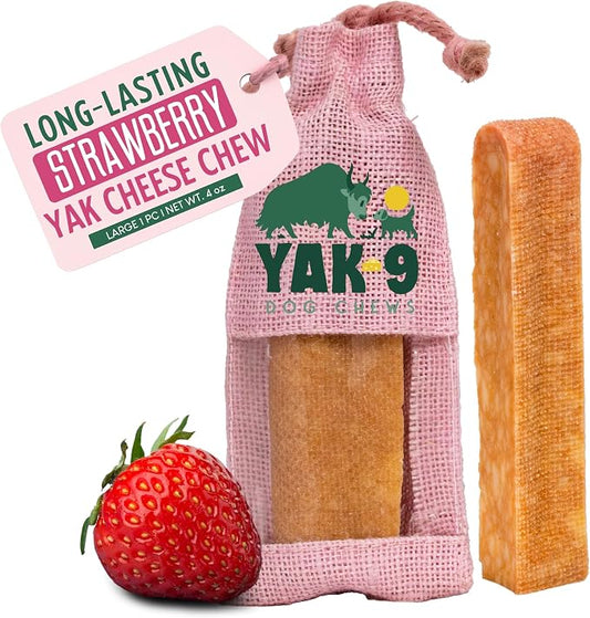 Yak9 Strawberry Yak Chews for Dogs | High Protein, Non Rawhide Dog Chews Long Lasting | Non GMO, Gluten Free, Grain Free Yak Milk Dog Chew | Large Size, 1 PC