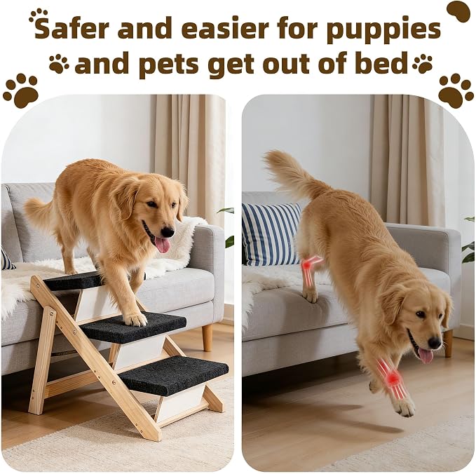 MEWANG Wood Pet Stairs & Ramp for Small/Medium Dogs and Cats, Aging Pets – 2-in-1 Foldable, Portable, Non-Slip Pet Ladder for Tall Beds, Couches,Cars–Holds Up to 220 lbs (24.8" L x 17.2" W x 19.5" H)