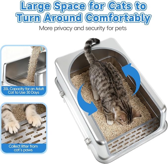 Stainless Steel Cat Litter Box XXL, 23.6" L x 15.7" W x 11.8" H Extra Large Semi Enclosed Removable Metal Litter Tray with High Sided Enclosure, Scoop, Anti-Leakage, Non-Sticky, Easy Cleaning