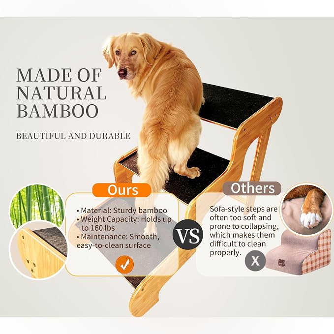 Dog Steps for Bed,Extra Wide Dog Stairs for Large Dogs,3-Step Bamboo Pet Ramp Assist Large Senior/Older Dogs or Pet(Up to 160 Pounds) Get to Couch Or High Bed (H:24 inch)