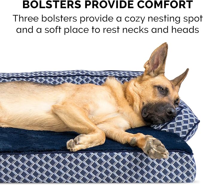 Furhaven Orthopedic Dog Bed for Large Dogs w/ Removable Bolsters & Washable Cover, For Dogs Up to 125 lbs - Plush & Woven Decor Comfy Couch Sofa - Diamond Blue, Jumbo Plus/XXL
