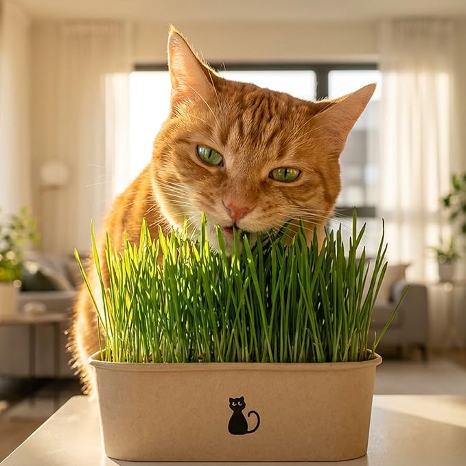 Cat Grass Grow Kit — 4-Batch Indoor Growing Set with Containers, Soil Disks & Seeds | Supports Digestion & Hairball Control | Ready to Grow, No Mess