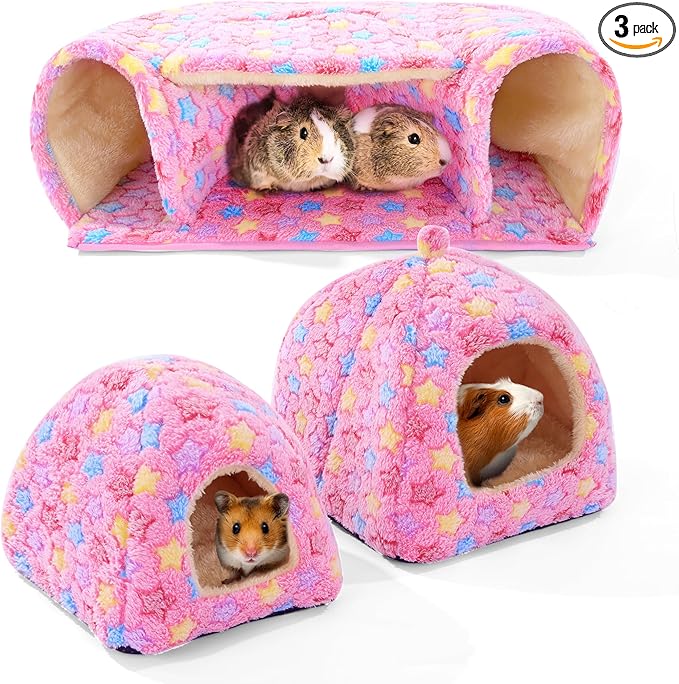 MABOZOO 3 Pack Guinea Pig House Accessories, 2 Cozy Guinea Pig Bed and Hideout Tunnel, Chinchillas Hideout for Hamster, Rabbit, Bunny, Chinchillas (Pink, L)