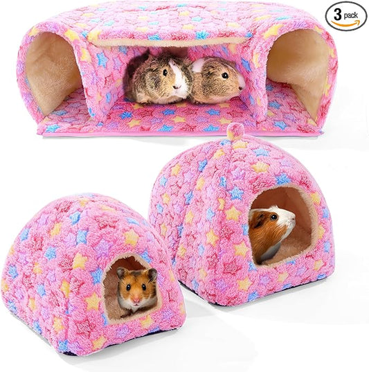 MABOZOO 3 Pack Guinea Pig House Accessories, 2 Cozy Guinea Pig Bed and Hideout Tunnel, Chinchillas Hideout for Hamster, Rabbit, Bunny, Chinchillas (Pink, L)