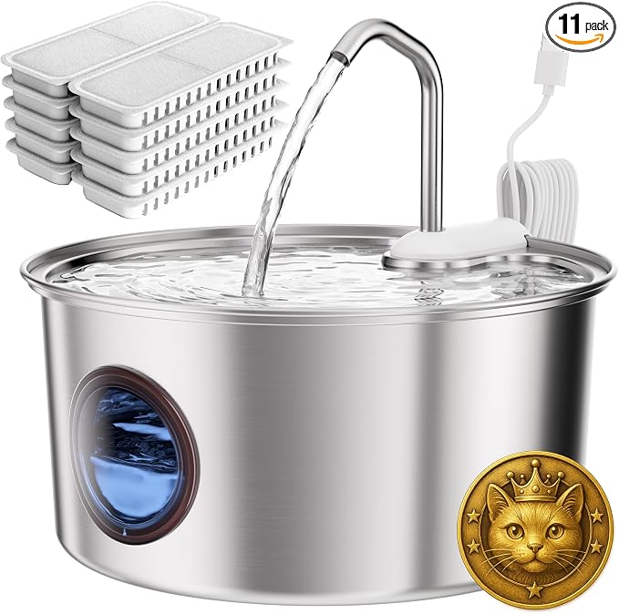 Cat Water Fountain Stainless Steel - 108oz/3.2L Automatic Cat Water Fountain for Drinking with 10PCS Filters, Metal Pet Water Fountain Water Dispenser for Cats, Puppy, Multiple Pets