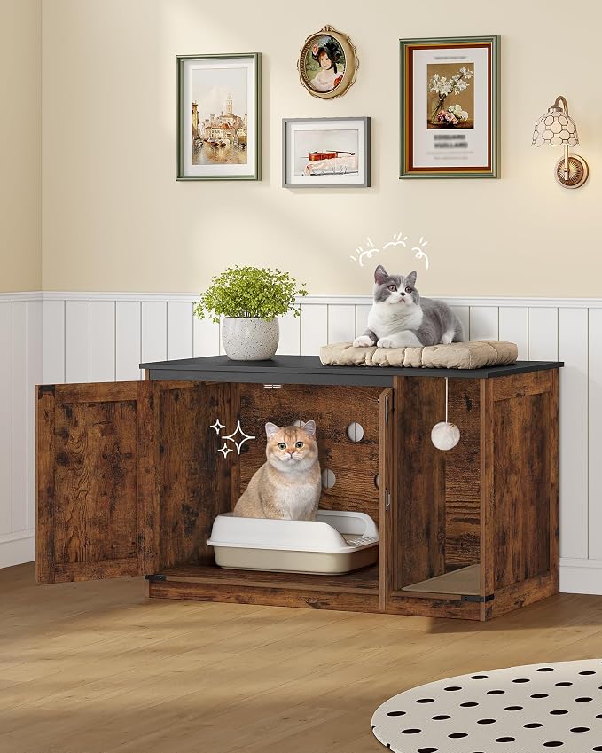 Hzuaneri Cat Litter Box Enclosure, Hidden Litter Box Cabinet Furniture with Bell, Indoor Cats House, Farmhouse Style, 39.4 x 21.7X 24.8 Inches for Hallway, Bedroom, Rustic and Black CB85201X