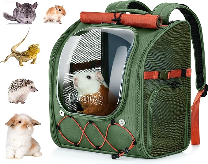 Pecute Small Pet Carrier, Breathable Bearded Dragon Carrier, with Transparent Bubble & Steel Frame, Safety Lock for Hamster, Rabbit, Guinea Pig, Kitten, Puppy, Ideal for Travel/Vet Visits/Camp, Green