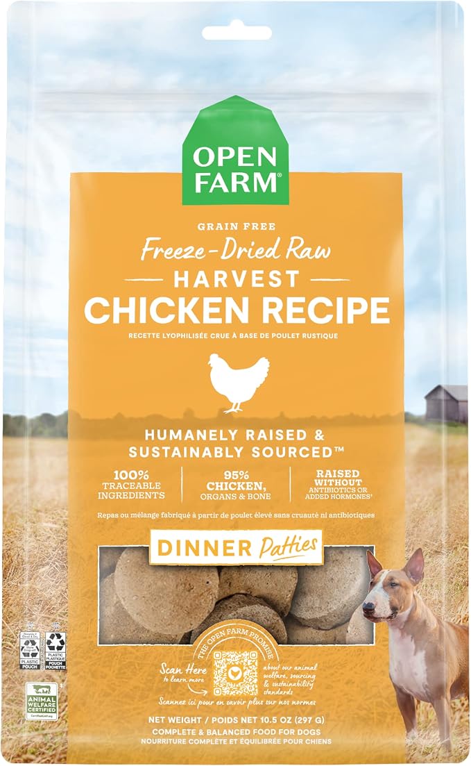 Open Farm, Freeze Dried Raw Dog Food, Patties with 95% Meat, Organs & Bone, Complete Meal or Freeze Dried Dog Food Mixer, Chicken Recipe, 10.5oz Bag
