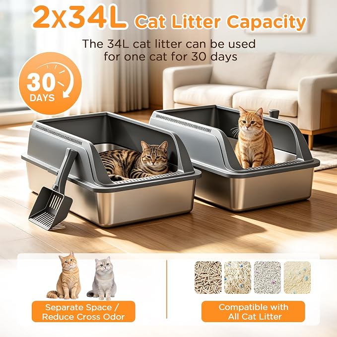 Aphyxen 2Pack XL Stainless Steel Litter Box with High Sides Shield for Multi Cats, 23 "L x 14.61 "W x 9.9 "H Open Top Cat Box for Big Cats, Anti-Leak Non-Stick Odor Control, 2 Scoops, Dark Grey