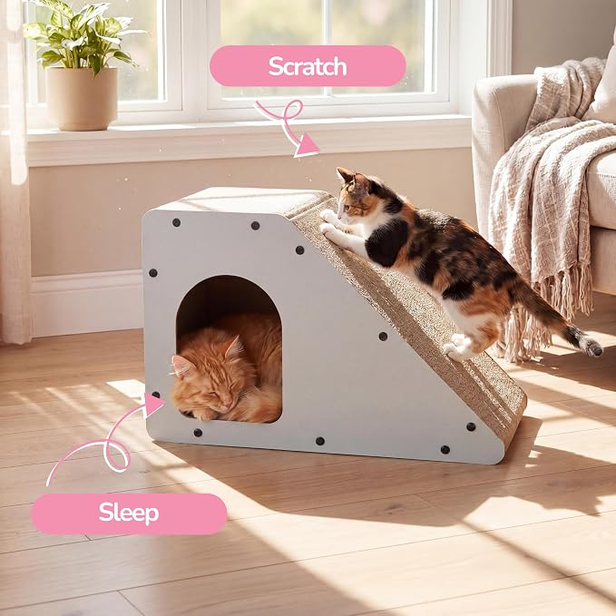 Kento 23.63" Modern Cardboard Cat Cave Scratcher with Catnip, Angled Trapezoid Hideaway House and Scratching Lounge for Indoor Cats, Gray CSR1008H