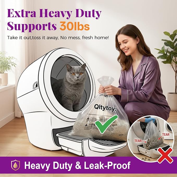 180 Pack Automatic Cat Litter Box Waste Bags Compatible with Litter Robot 5/4/3, 30LBS Heavy Duty Litter Box Liners,Transparent,Sensor-Compatible,9-11 Gallon,Leak-Proof,Replacement Cat Waste Liners