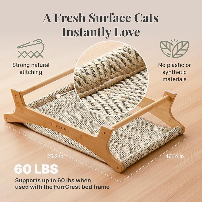 XL Cat Scratcher Bed + Replacement Sisal Pad Bundle – Elevated Cat Hammock Lounge, FSC Bamboo Frame, Natural Sisal Cat Scratcher for Indoor Cats, No-Wobble, Large Cat Bed, Natural Grey