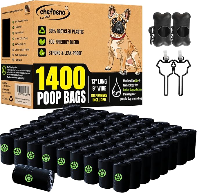 Dog Poop Bags Value Pack (1400 ct.) Extra Thick Strong Doggy Bags Guaranteed Leak-Proof Biodegradable Poop Bags w/Dispenser Eco-friendly Landfill-Degradable Refill Rolls (Black, 70 Rolls, Unscented)