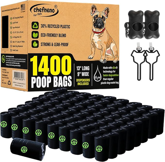 Dog Poop Bags Value Pack (1400 ct.) Extra Thick Strong Doggy Bags Guaranteed Leak-Proof Biodegradable Poop Bags w/Dispenser Eco-friendly Landfill-Degradable Refill Rolls (Black, 70 Rolls, Unscented)