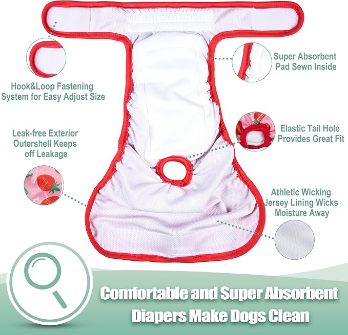 wegreeco Female Dog Diapers, Washable Reusable Pet Puppy Doggie Diapers for Small Medium Large Female Dogs in Heat Period, Doggy Period Panties, 5 Pack, XX-Large, Strawberries